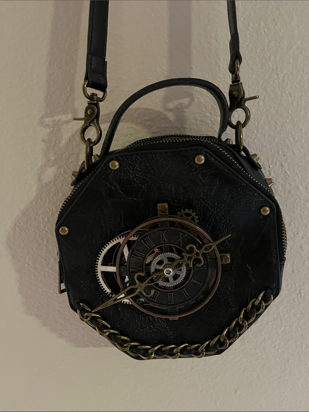 Vintage Black Octagon Steampunk Clockwork Crossbody Bag
